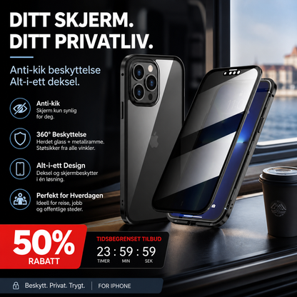 📱 Anti-spion mobildeksel – integrert personvernskjerm, herdet glass, metallramme. Beskytter mot innsyn – perfekt til offentlige steder! 🚇✨