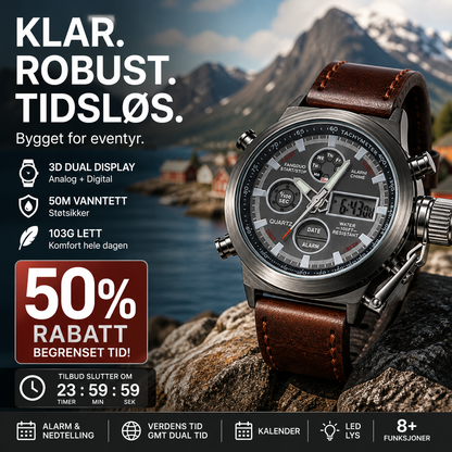 ⌚ Retro dual-display klokke – analog+digital, 8+ funksjoner (GMT, alarm, nedtelling). Vanntett 50m, slagfast – perfekt til hverdag og eventyr! ⏱️💪